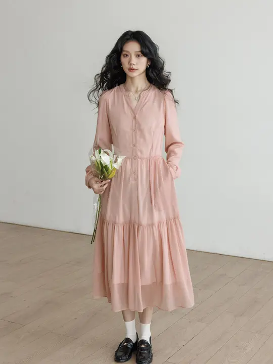 春用Vネック女性用フィット感のあるシャツワンピース【ピンク・プリンセススタイル・Aライン・通勤用・長袖】