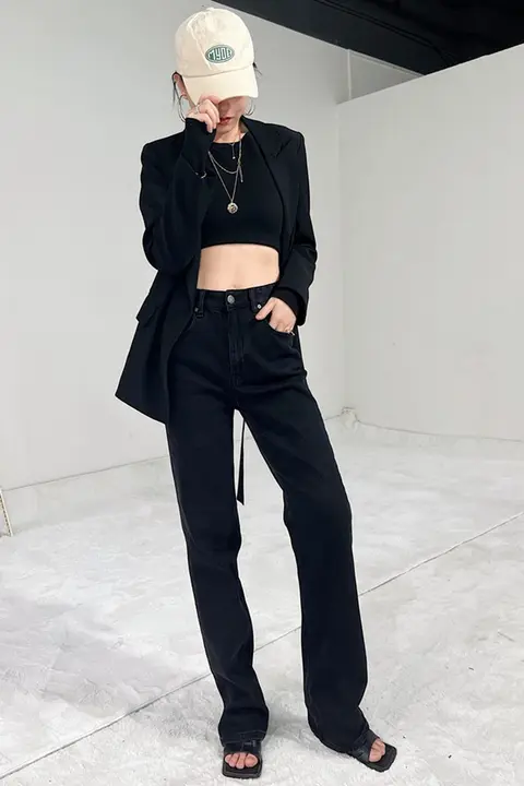 高腰ストレートデニムパンツ【ブラック・ロングレッグ・スリムフィット・春秋用】