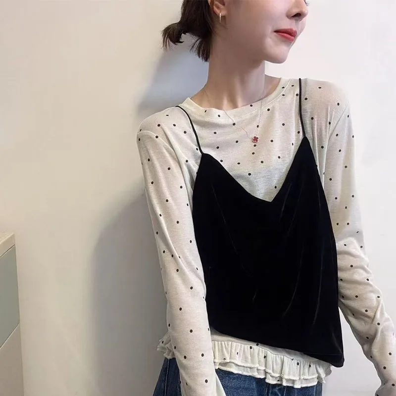 ドット柄長袖Tシャツ【レディース・シルクベルベット・キャミソール付き・春用】（セットアップ対応）