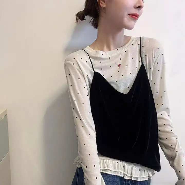 ドット柄長袖Tシャツ【レディース・シルクベルベット・キャミソール付き・春用】（セットアップ対応）