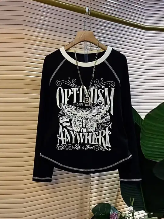 大きいサイズ レディース ラウンドネック デザインTシャツ【蝶々プリント・長袖・秋用】