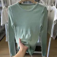薄荷色の長袖セーター【フィット感・ウール混・ラウンドネック】（セットアップ対応）
