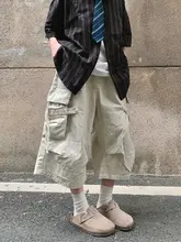 大口ポケット付きルーズフィット七分丈パンツ【水洗い加工・男女兼用・ストリートスタイル】（セットアップ対応）