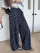 小犬のプリント付き 感あるウエストゴムワイドレッグパンツ【女性用・夏用】（セットアップ対応）