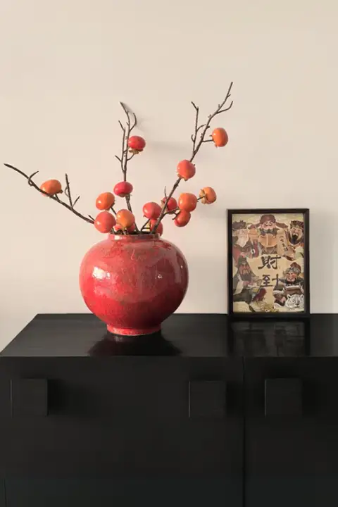 中古風レッド花瓶【造花・テーブル装飾用・陶器製】