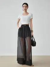 黒の二重シースルー高腰ワイドパンツ【柔らかなドレープ感・フィット】（セットアップ対応）