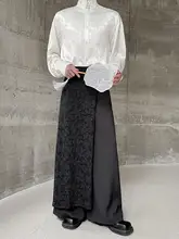 レース切り替えのアシンメトリーデザイン カジュアルワイドパンツ【個性的・ブラック・ロング丈】