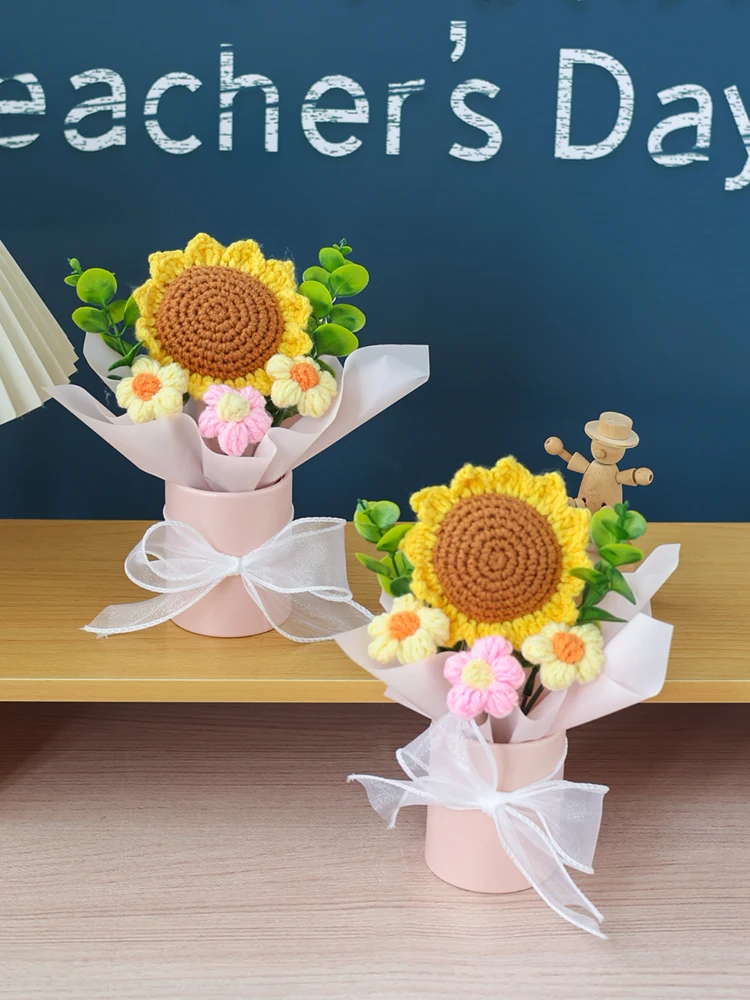 手作りかぎ針編みひまわりの小花バケツ：保育園や小学校卒業祝いに最適な実用的創意ギフト