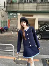 バイカラーウールカーディガンとフリルスカート【女性用・リボンブローチ付き・スリムフィット】（セットアップ対応）