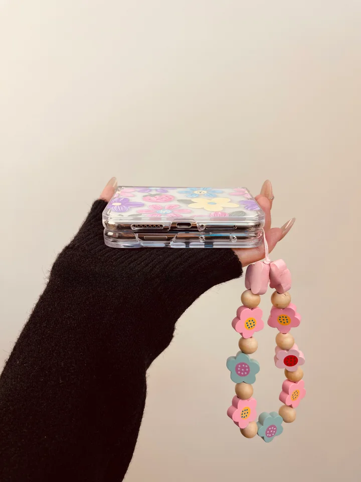 フラワーデザインの折りたたみスマホケース【ストロベリーピンク・全包タイプ・春用】（セットアップ対応）