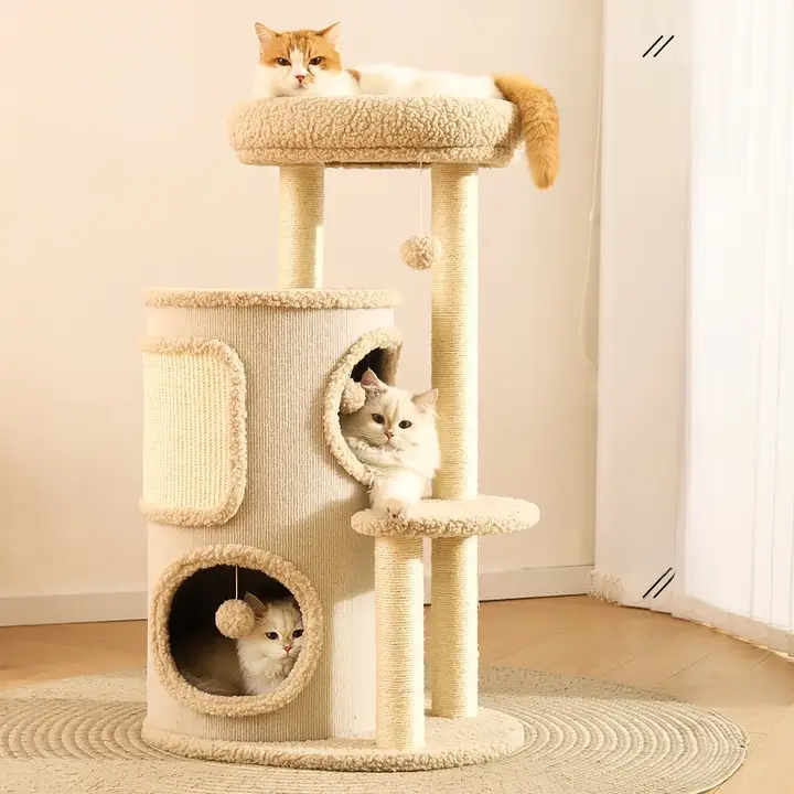 省スペース設計の多機能キャットタワー【猫ハウス・キャットタワー・麻製】（セットアップ対応）