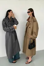 クラシックな大きな襟のダブルボタン中長丈トレンチコート【エレガントスタイル】