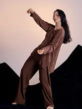 ブラウンとグリーンのニットストレッチコットンモダンダンスウェア【ゆったり型・トップスとパンツ】（セットアップ対応）