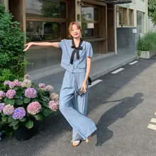 リボン付き ブルー薄手スーツ風ワイドパンツ【夏用・おしゃれ・流行・2点セットアップ対応】