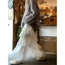 甘いデザインの白色ハイウエストAラインスカート【不規則レースフリル・秋用】