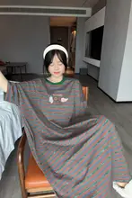 ストライプ柄 半袖コットンナイトドレス【夏用・ロング・大きいサイズ・マタニティ対応】