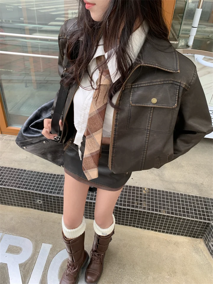 美式レトロPO皮製ハイウエストスカート【秋用・シルエットアップ・コーヒーカラー】