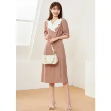 レトロチェックのAラインスカートと短袖トップス【小柄対応・ビジネススタイル・女性用】（セットアップ対応）