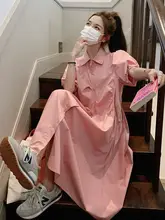 ピンクのポロ襟シャツワンピース【夏用・フレンチスタイル・バルーンスリーブ・体型カバー】