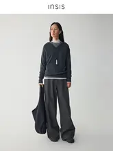 リネン混冬用ローウエストストレートデニムパンツ【ミニマルデザイン・二つボタン・折り返し】