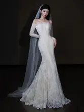 一字肩長袖軽婚式ドレス【レトロなフランス風・レース・フィッシュテール・ウェディング】