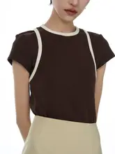 ヴィンテージ風デザインのカラーブロック短袖Tシャツ【レディース・ショート丈・スタイルアップ効果・コーディネートしやすい】（セットアップ対応）