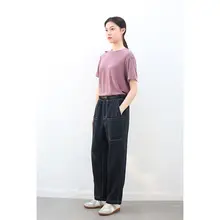 カジュアルパンツ 女性 日常使用に適した ニット素材 ゴムウエスト 多ポケット ストレート 太め