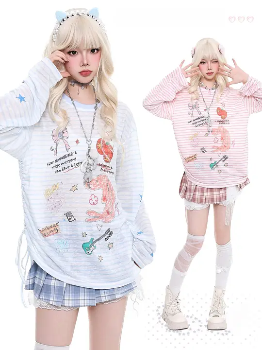 ストライプ柄 長袖Tシャツ【春用・ゆったり・UVカット・女性用】