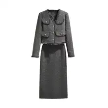 灰色の秋冬向け編み込みツイード風タイトスカート【シックでエレガント・体型カバー・ファッション】（セットアップ対応）