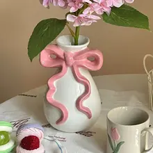 リボンデザインの陶製花瓶【インテリア装飾用・高級感あり】