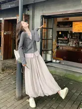 フレンチスタイルの柔らかい雰囲気！ニット風トップスとスカートのコーディネート【秋用・花苞スカート】（セットアップ対応）
