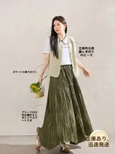 レディース 大きいサイズ ヴィンテージ風 Vネックベスト 刺繍Tシャツ ハイウエストしわ加工スカート 夏季（セットアップ対応）