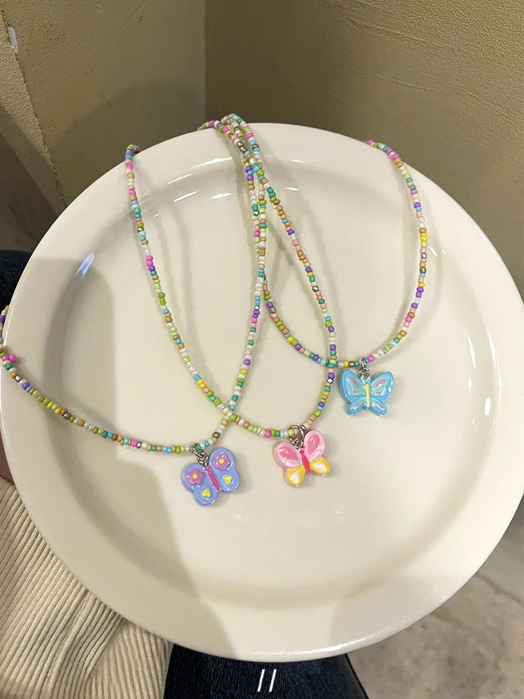 春夏用 バタフライマカロンカラーベル アクセサリー ネックレス【ビーチリゾート用・多彩なビーズ】