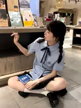 コットン製 半袖シャツ【ブルー・デザイン襟・ゆったりフィット・学院風】（セットアップ対応）