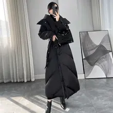 フード付きダウンコート【ブラック・ウエストリボン・極上の柔らかさ・ロング丈】