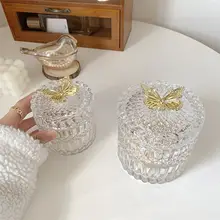 透明ガラス製の金色バタフライ収納ボックス【ジュエリー・コットンスワブ用・彫刻デザイン・ヨーロピアンスタイル】