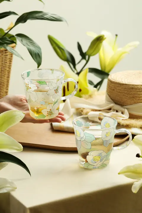 高品質ボロシリケートガラス製 マグカップ【美しいデザイン・オフィス用・ハンドル付き】