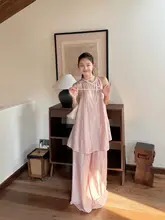 シンプルデザインの女性用ワイドパンツ【夏用・ハイウエスト・フィット】（セットアップ対応）