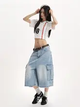 美式復古風のワイドレッグ多ポケットデニムショートパンツ【レディース・フィット・カジュアル・七分丈】（セットアップ対応）