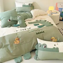 可愛いワニ刺繍の洗えるコットン四点寝具セット【男の子・子供向け】（セットアップ対応）