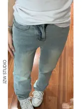 レトロな浅青色のハイウエストスリムストレートデニムパンツ【春用・スリムフィット・フルレングス】