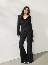 女性用 大きいサイズ 韓国風 上品なフリル襟 長袖トップスとハイウエストブーツカットパンツ（セットアップ対応）