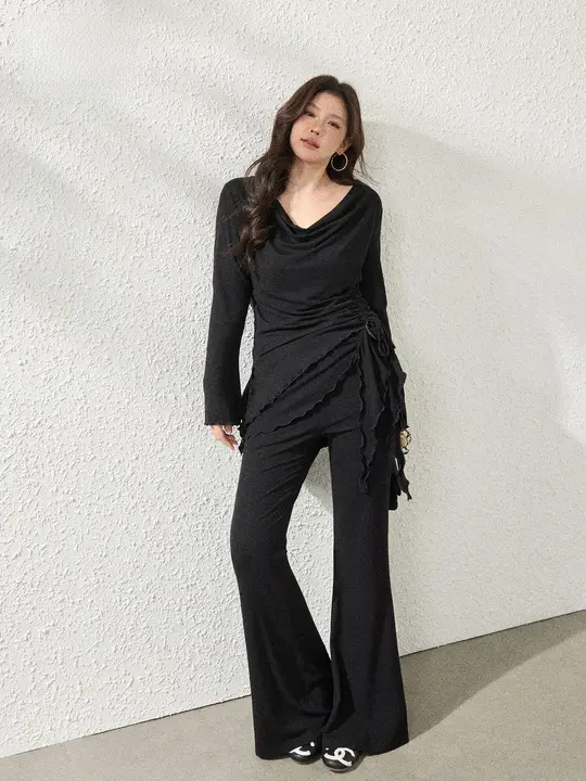 女性用 大きいサイズ 韓国風 上品なフリル襟 長袖トップスとハイウエストブーツカットパンツ（セットアップ対応）