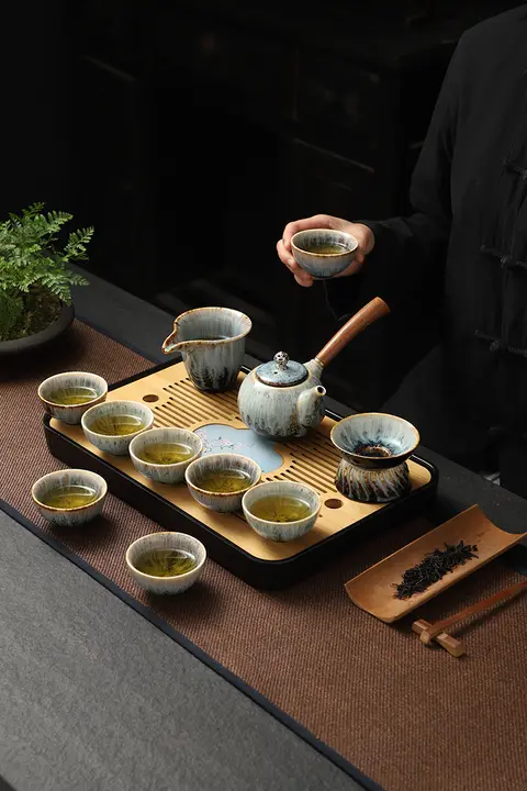 高級感ある窯変功夫茶具セット【陶器製・茶壺・蓋碗・茶杯・小茶盤・家庭用・オフィス用】
