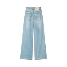 デニムパンツ レディース ワイドパンツ ストレート ドレープ  きれいめ 着回し ヴィンテージ 韓流 ブルー「XinmonLee」