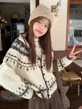 冬用フード付きニットカーディガン【杏色・ゆったりシルエット・レトロデザイン】