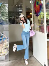 夏用薄手デニムパンツ【小柄向け・ハイウエスト・微フレア・ブルー・スリムフィット・九分丈】