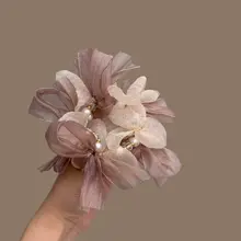 華やかなレースのリボンパールヘアゴム【ダイヤモンド装飾・オーガンジー使用】