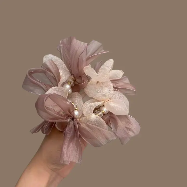 華やかなレースのリボンパールヘアゴム【ダイヤモンド装飾・オーガンジー使用】