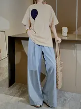 爽やかな天青色のハイウエストワイドレッグデニムパンツ【ダブルプリーツ・ストレート・伸縮ウエスト】